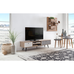 TV staliukas ant kojelių, su lentynom ir stalčiais, medžio spalvos