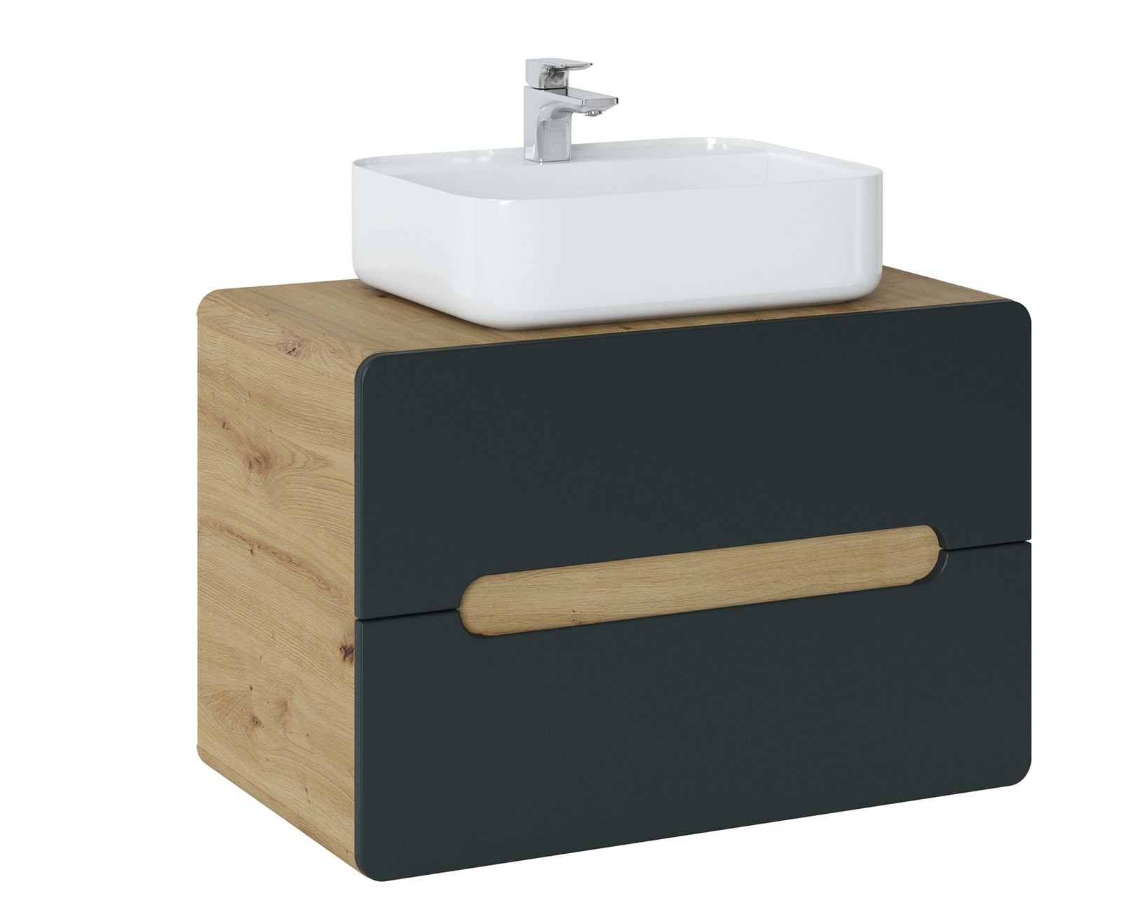 ARRAS BLACK stiliaus pakabinama vonios spintelė su praustuvu, ąžuolo imitacijos, minimalistinė