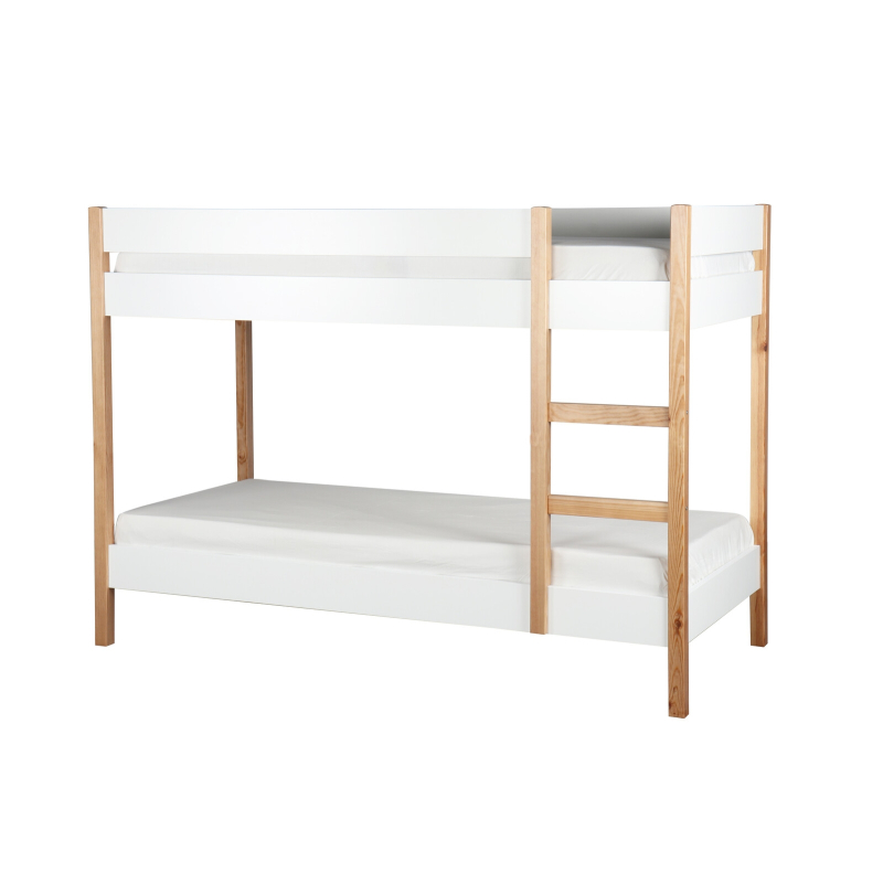 minimalistinio dizaino dviejų aukštų lova, medinė, baltos spalvos
