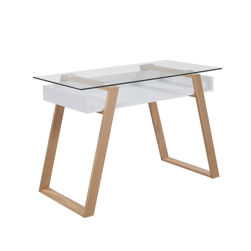 Modernaus dizaino darbo stalas, stikliniu stalviršiumi , natūralaus ąžuolo kojelėmis.