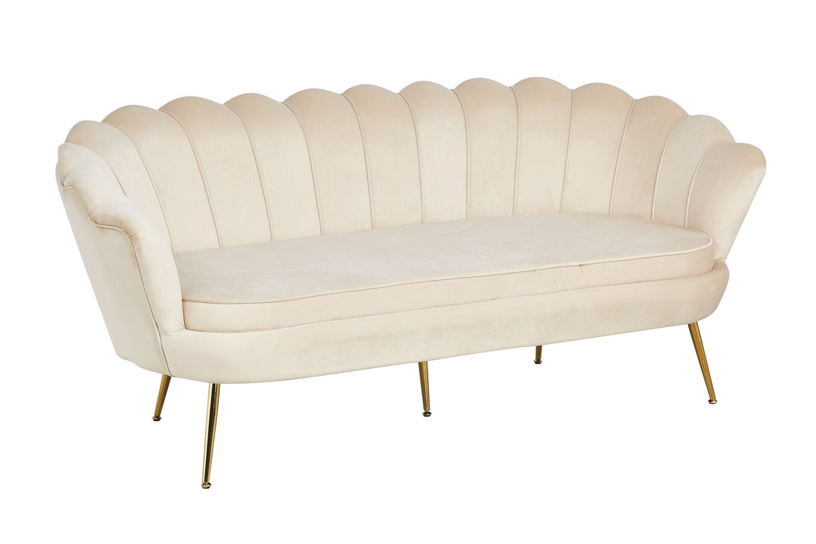 kriauklės formos sofa, dvivietė, su metalinėmis aukso spalvos kojelėmis