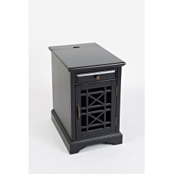 antique black spalvos naktinis staliukas, su įstiklintomis ažūrinėmis durimis ir elektros bei USB jungtimis stalviršyje