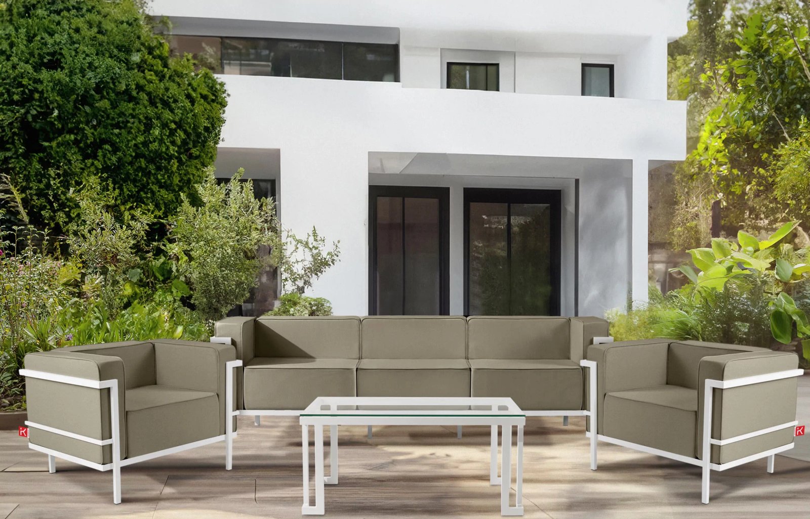 Lauko sofa TRIGO 3, balta/smėlio, 229x69x70 cm