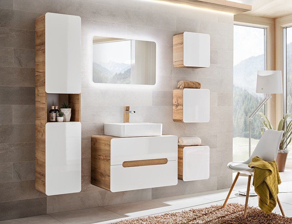 Modernaus dizaino vonios komplektas, futuristinio stiliaus, su ąžuolo imitacijos korpusu